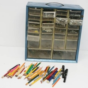 Group Of Misc. Including Nut And Bolt Organizer And Vintage Pens And Pencils