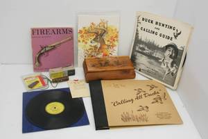 Group Of Misc. Vintage Hunting Items Including J.C. Higgins Predator Call, Records On Duck Calling And More