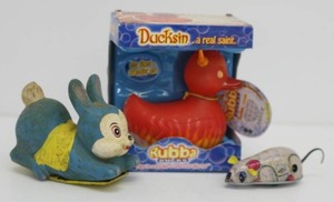 Wind Up Tin Mouse (No Key), Vintage Friction Rabbit Toy & Rubber Ducky