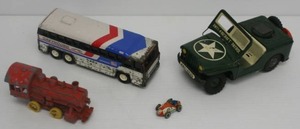 Group Of Vintage Toys Including Friction Greyhound Bus, Friction Tin Army Jeep And More