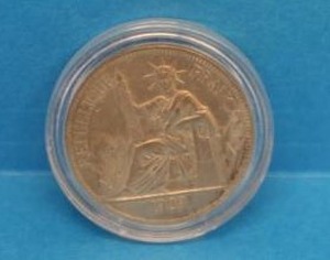 1929 French Indo-China (Indochina) Piastre Silver Crown Size Coin In Protective Case