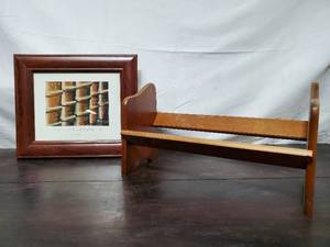 Wooden Book Rack And Framed Artwork
