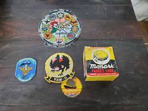 Four Military Patches and Antique Monark 12 GA Shotgun Box