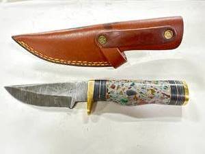 lot 63 image: Custom 8 Inch Damascus Knife with Sheath (full tang)