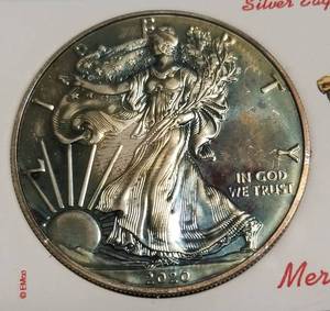 2020 AMERICAN SILVER EAGLE NICELY TONED IN CHRISTMAS HOLDER