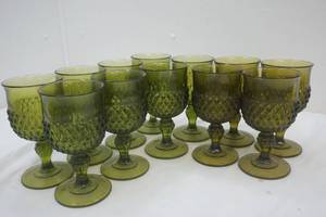 Indiana glass diamond point green , yellow goblets