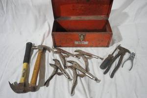 metal tool box, hammer, clamps,