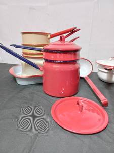 Collection Of Vintage RedWhite, RedCream And RedBlue Enamelware