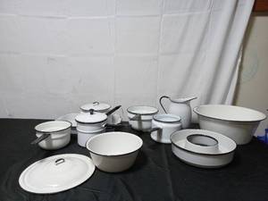 Collection Of Vintage White Enamelware