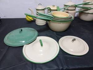Collection Of Vintage GreenCream Enamelware