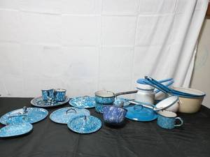 Collection Of Vintage Blue Enamelware