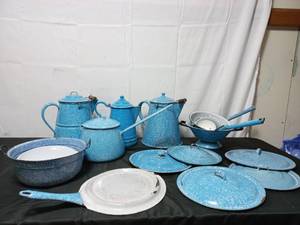 Collection Of Vintage Blue Granite Enamelware
