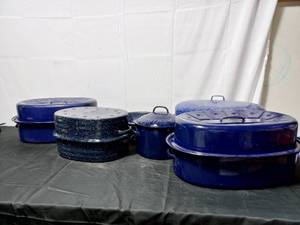 Collection Of Vintage Dark Blue Enamelware