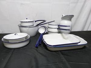 Collection Of Vintage BlueWhite Enamelware