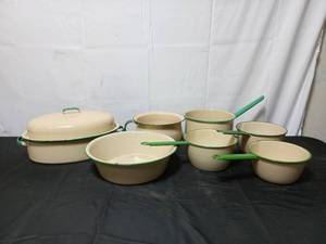 Collection Of Vintage GreenCream Enamelware