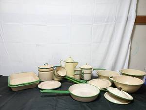 Large Collection Of Vintage GreenCream Enamelware