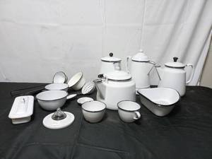 Collection Of Vintage BlueWhite And BlackWhite Enamelware