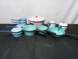 Collection Of Vintage Blue And Pink Enamelware