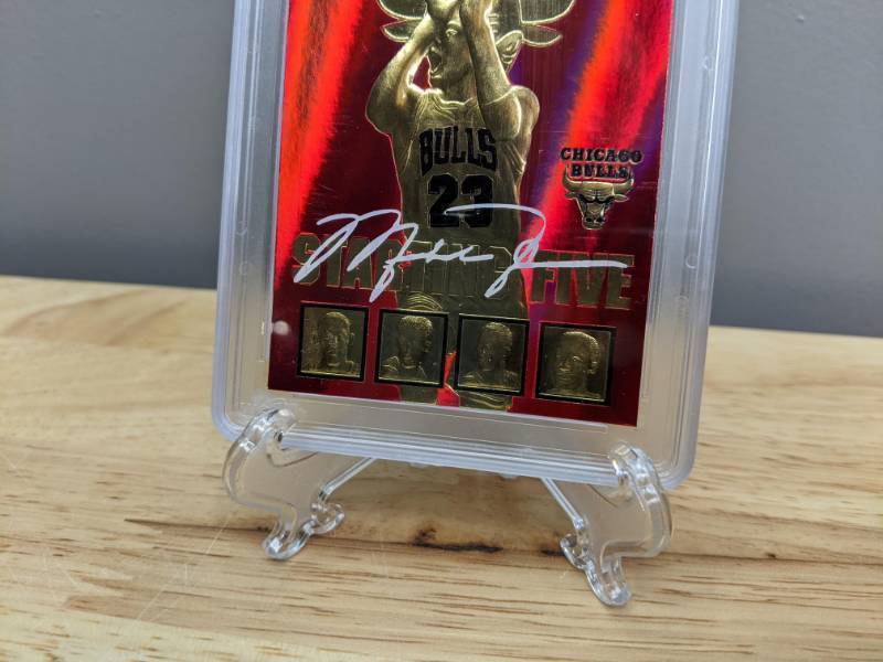 lot 33A image: 1996 NBA Hoops 23kt Gold Michael Jordan Starting 5 Red Holo Refractor NBA Basketball Bulls WCG 10 P