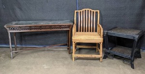 lot 195 image: Entry Table w Glass Top, Wicker End Table, & Wicker Chair X