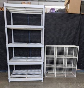lot 134 image: 5-Tier Plastic Shelving Unit and Wire Cube Storage F