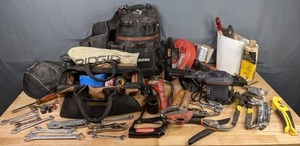 lot 118 image: Tool Lot  Pliers, Wrenches, Screwdrivers, Loppers, Tape, Saws, Hardware, Intex Air Pump, Drain Snake, Wire, Knee Pads, Husky Tool Belt, and More  F
