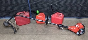 lot 131 image: Homelite 2-Stroke Curved Gas Trimmer and Assortment of 3 Gas Containers F