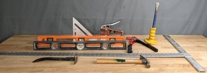 lot 114 image: Tool Lot DeWalt Precision Claw Bar, Speed Square, Levels, Hammer, 48 Drywall T-Square and More  F