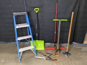 lot 125 image: Assortment of 4-Step Keller Ladder, Snow Shovel, Street Broom, 8 x 8 Tamper, Garden Tools and More F