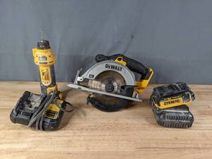 lot 103 image: DeWalt DCS551 Cordless Battery Rotary Drywall Cut-Out, DeWalt DCB101 Li-Ion Battery Charger and DeWalt Cordless 6 12 Circular Saw F