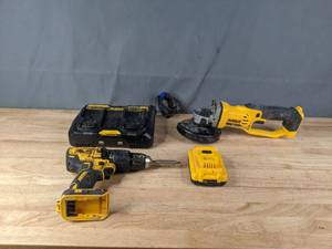 lot 104 image: DeWalt Lithium-Ion Power Tool Battery Charger Station, DeWalt Brushless Cordless 12 in. Hammer DrillDriver, DeWalt DCB230 Battery Pack and DeWalt Trigger Switch Cordless Angle Grinder F