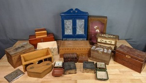 lot 159 image: A Collection of Wooden Boxes, Clocks, Silver Colored Boxes and More  M