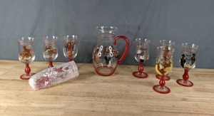lot 140 image: Set of 8 Hand Painted Reindeer Glass Goblets and Pitcher by Rainbow Mountain M