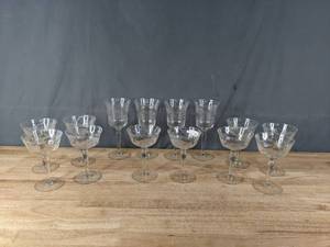 lot 141 image: Set of 14 Vintage Etched Glass Drinkware, 10 Cocktail Sherbet Glasses and 4 Water Goblets M