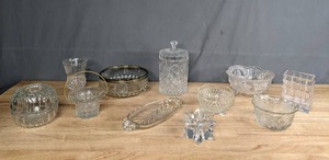 lot 143 image: Collection of 11 Glass and Crystal Vases, Bowls, Relish Dish, Candleholder by Indiana Glass, Avon, Hofbauer Byrdes and More M