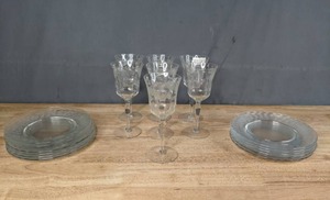lot 145 image: Set of 12 Glass Plates and 7 Coordinating Glass Water Goblets M