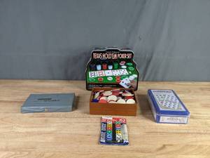 lot 165 image: Texas Hold Em Poker Set, (2) Dominoes Sets, Box of Playing Chips, 10-Pack Game Dice M
