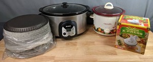 lot 201 image: (2) Crock Pots, Salsa X-Press Manual Food Processor, and Stack of Disposable Plates  M