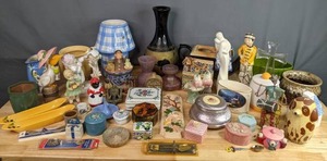 lot 214 image: Mixed Lot of Ceramic and Glass Pieces Bowls, Teapot, Music Boxes, Figurines, by Thomas Kincade, Cardew Design England, Delft, Dolfi, Haeger, and More  M