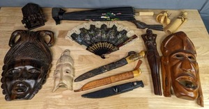 lot 215 image: Mixed Lot  Vintage J. Marttini Finland Knife, Rapala Fish & Filet Knife, Wood Tribal Masks, Parasol, Fan, and More  M