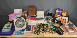 lot 218 image: Office Supplies and More Scissors, Tape, Pencils, Staplers, Glue, Cards & Envelopes, Corina Cigar Box, and More  M