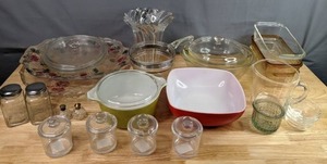 lot 206 image: 25-Piece Lot of Glassware (13) Pieces of Pyrex Casserole Dishes, Loaf Pans, and More Mikasa Vase, Serving Platters, Salt & Pepper Shakers, and More  M