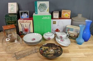 lot 210 image: Variety of Glass and Ceramics  Thomas Kincade Lighthouse Figure, Annahutte Crystal Swan, Elements Votive Holder, Madrigals Etched Glass Ornament, and More  M