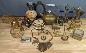 lot 212 image: Vintage Brass Items Thurible (Religious Incense Burner), Jewelry, Kettle, Rotary Tape Clock, Street Lamp Salt & Pepper Holder, Music Box and Much More  M