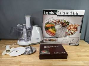 lot 202 image: Black & Decker Quick & Easy Food Processor, Silver-plated & Crystal Relish Dish, Prodyne Appetizers on Ice with Lids  M