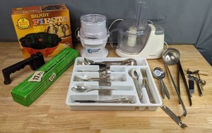 lot 204 image: Signature Gourmet Food Processor, Ultimate Chopper, Vintage Cutlery Set, Variety of Silverware, Knife Sharpener, Bundt Pan  M