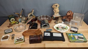 lot 232 image: Assorted Wildlife Porcelain Figurines and Other Decor Items Thomas Kinkade Coasters, Ashtrays, Roger Lascelle Clock Golf Tin and More M