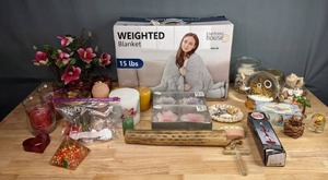 lot 234 image: Assorted Candles, Floral Decor, Weighted Blanket, Rainstick and More M