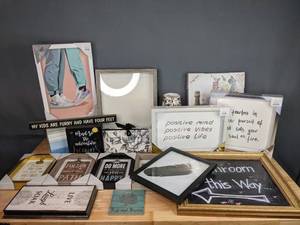 lot 239 image: Assortment of 14 Wall Art Pieces, Lamp and Photo Albums M