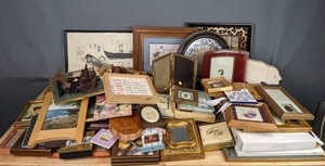lot 240 image: Huge Assortment of Wall Decor, Framed PrintsQuotes, Empty Frames, Mirror, Wall Clock, Desktop Frames, and More  M